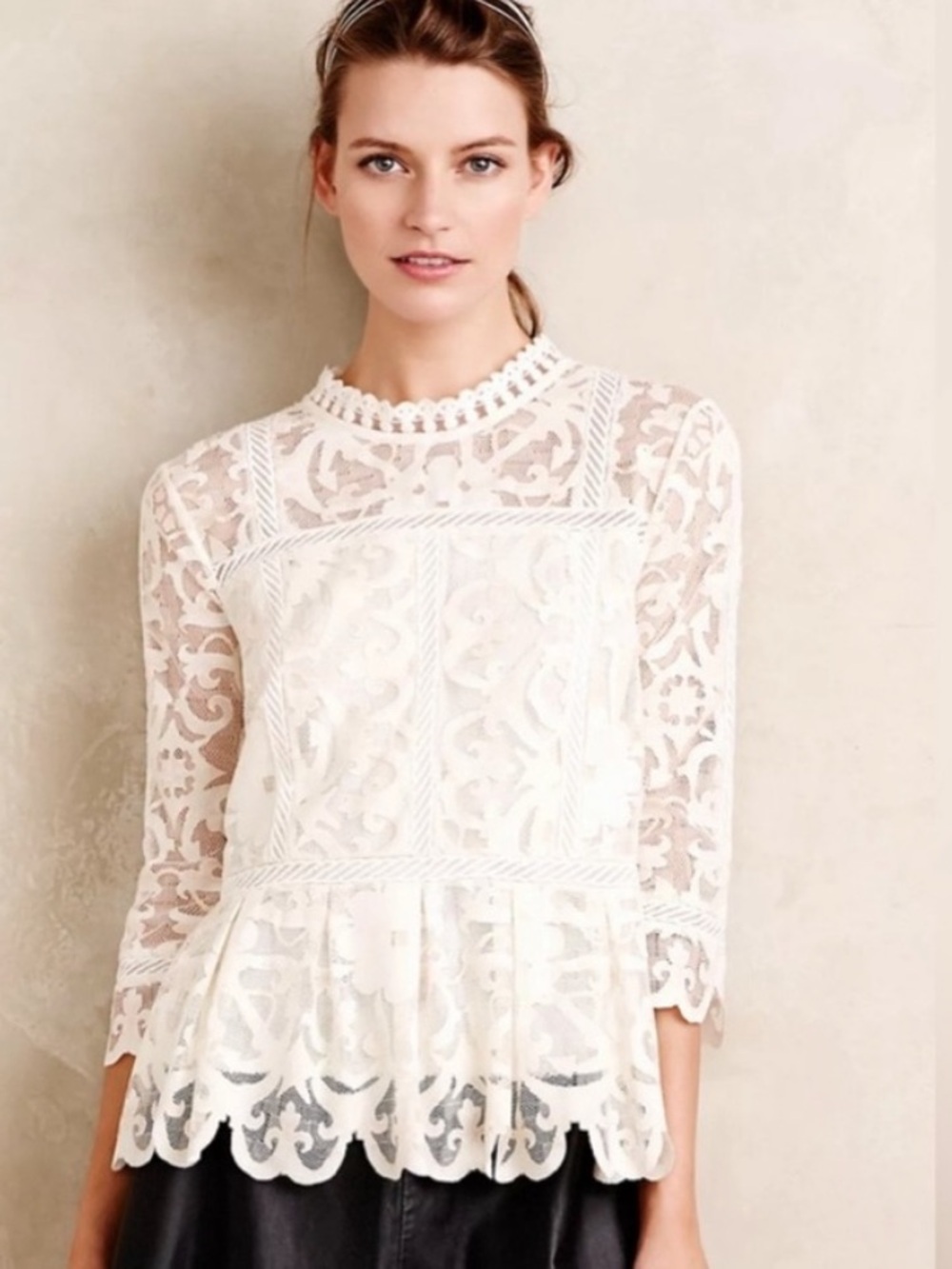 Anthropologie HD in Paris Cream Ivory Lace Sheer Peplum Top Womens 0